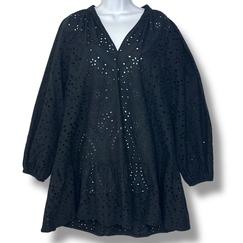 H&M S Broderie Anglaise Tunic‎ Dress Black Eyelet 100% Cotton Tiered Balloon Slv